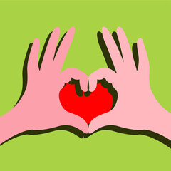 Fototapeta premium vector flat design illustration on the theme of love and Valentine's Day. a person declares his love with a folded heart sign. can be used as a card with a declaration of love, web design element.