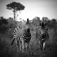 Fototapeta premium Zwei Zebras beobachten aufmerksam den Fotografen welcher aus sicherer Entfernung sein Bild macht.