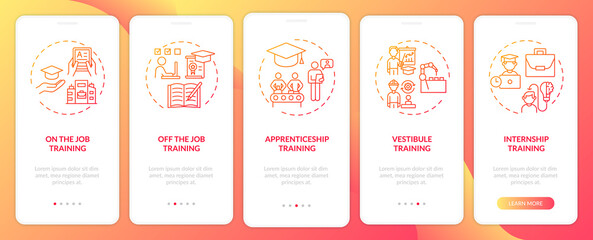 Staff instruction methods onboarding mobile app page screen with concepts. Internship, traineeship, courses walkthrough 5 steps graphic instructions. UI vector template with RGB color illustrations