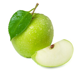 Ripe juicy green apple in water drops isolated on a white background