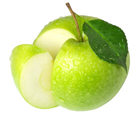 Ripe juicy green apple in water drops isolated on a white background