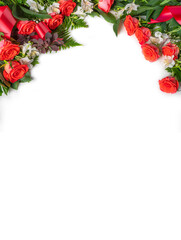 Red roses, white Alstroemeria, Gypsophila elegans in bouquets. Festive decoration