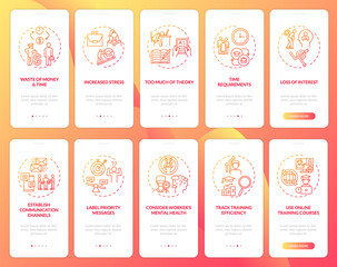 Naklejka premium Employee instruction and development onboarding mobile app page screen with concepts set. Personnel reboarding walkthrough 5 steps graphic instructions. UI vector template with RGB color illustrations