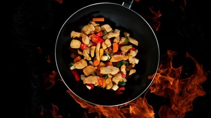 Super Slow Motion Shot of Throwing Chicken Meat Mixture on Frying Pan and Fire Blast at 1000fps. - Powered by Adobe