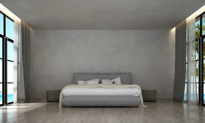 Modern loft mock up interior design of bedroom and grey bed and side table and concrete wall background, 3D rendering, sea view