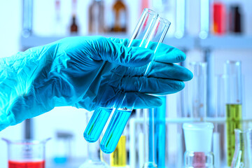 Hand in glove holding a clip with test tube
