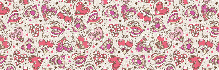 Naklejka premium Colorful banner with valentines hearts. Valentines greeting banner. Horizontal holiday background, headers, posters, cards, website. Vector illustration