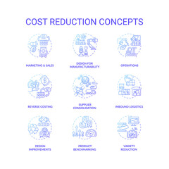 Cost reduction blue gradient concept icons set. Company optimization idea thin line RGB color illustrations. Business process optimization. Vector isolated outline drawings. Cost-saving strategy