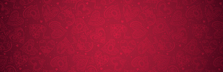 Red banner with valentines hearts. Valentines greeting banner. Horizontal holiday background, headers, posters, cards, website. Vector illustration