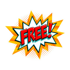 Free - vector comic style tag. Yellow Free label on bang comic balloon - Pop art style discount promotion banner. Vector illustration