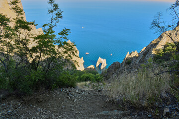 Beautiful landscape from the top of the cliff to the sea and the gate of stones