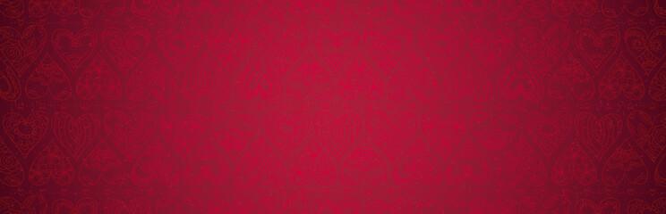 Red banner with valentines hearts. Valentines greeting banner. Horizontal holiday background, headers, posters, cards, website. Vector illustration