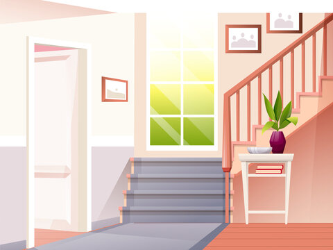 Home interior design with staircase background. House with door, table with books, plant in vase, steps, pictures on walls, window vector illustration. Modern cozy foyer room view