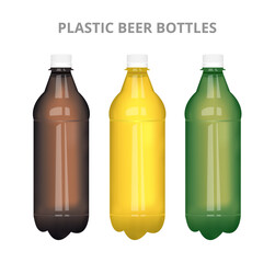 Vector set of three realistic plastic beer bottles in brown, yellow, and green color. Illustration of two-liter or liter and a half drink beer bottle isolated on a white background. Cheap beer concept