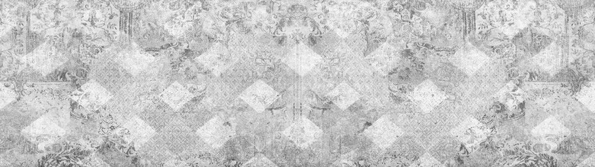 Old white gray grey vintage worn shabby elegant damask rue diamond floral leaves flower patchwork motif tiles stone concrete cement wall wallpaper texture background banner panorama