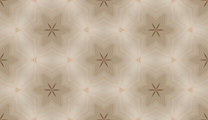 Tile background pattern with symmetric flower shaped ornament. Seamless floral template with blurred beige and brown elements