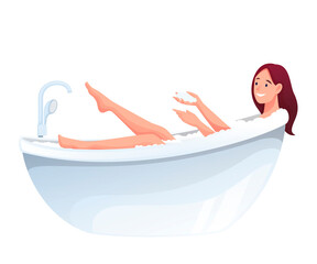 Young woman taking bath in bathroom isolated on white background. Happy girl washing with soap and foam in bathtub indoor vector illustration