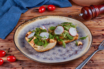 Bruschetta with shrimps, appetizer, wooden background