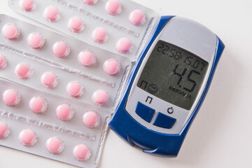 blood glucose meter and sugar reduction pills. diabetes mellitus.