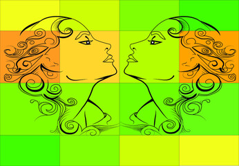 illustration, doodle, flat of a girl on a colorful background.
