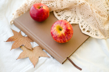 Red ripe apples on a closed brown book, autumn dry leaves.