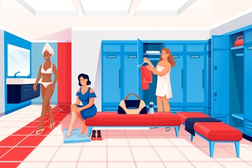 Fototapeta premium Women changing clothes in locker room scene. Dressing for fitness and sport exercise in gym vector illustration. Young girls with bags in private room with lockers, benches