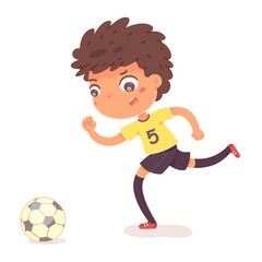 Boy running with ball at football practice. Happy little kid playing sport in uniform vector illustration. Smiling child runs with ball in front of foot on white background