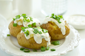 Baked potatoes with cheese, served with sour cream and onions. Selective focus