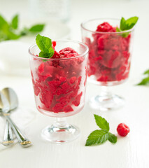 Raspberry sorbet (granite) with champagne. Selective focus