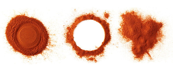 Set pile of red paprika powder isolated on white background, top view