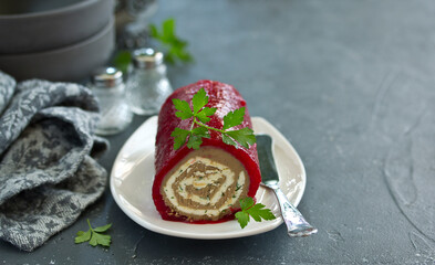 chicken liver pate with berry jelly. Selective focus.