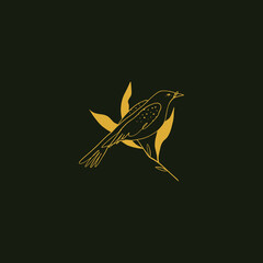 Line art golden bird logo or label. Minimalist style. Vector illustration