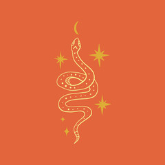 Magical starry snake line art, ornate animal, boho design.