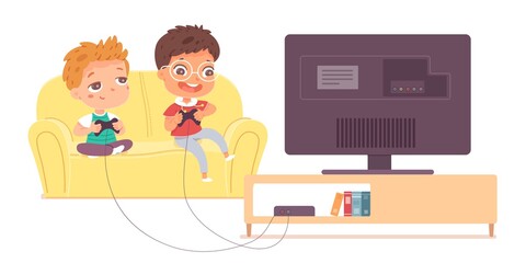 Kids playing video games on tv at home. Happy boys holding console and playing videogames with joysticks in hands. Entertainment at home with technology vector illustration