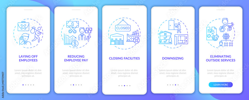 Poster cost cutting measures onboarding mobile app page screen with concepts. reducing employee pay walkthr