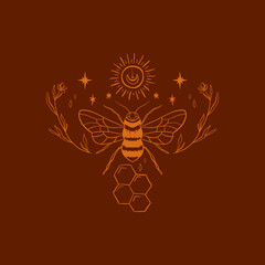 Sacred bee line art logo or label, boho magic style.