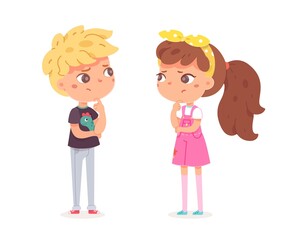 Cute girl and boy thinking, question marks sign above heads. Vector character illustration of children gestures, emotions, types of moods.