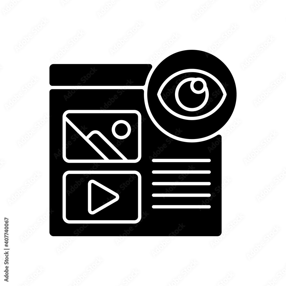 Aufkleber pageviews black glyph icon. instance of internet user visiting particular page on website. recording