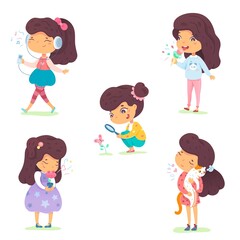 Girl showing five senses set. Sense of sight, touch, hear, smell, taste vector illustration. Small happy child in nature and exploring wonders of spring. Joyful education at childhood