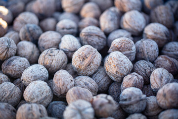 close up shelled walnuts in bulk.