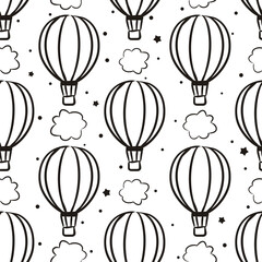 Seamless pattern with hand-drawn balloons and clouds. Cute background for nursery or travel. Contour vector illustration in doodle style.