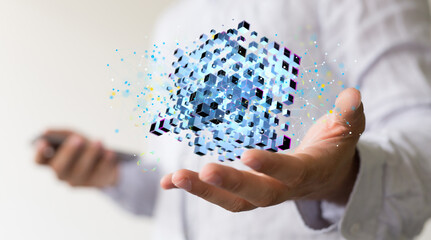 Data cloud storage network from lines, triangles and particle style design.