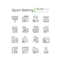 Sports betting linear icons set. Cashing out option. Financial award. Mobile casino. In-game betting. Customizable thin line contour symbols. Isolated vector outline illustrations. Editable stroke