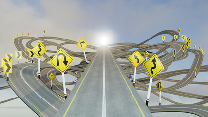 straight path to success choosing the right strategic path with yellow traffic signs., 3d illustration.., 3D rendering.