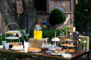 mesa de merienda decorada con libros y flores, con zumo de naranja, bocaditos, frutas y dulces