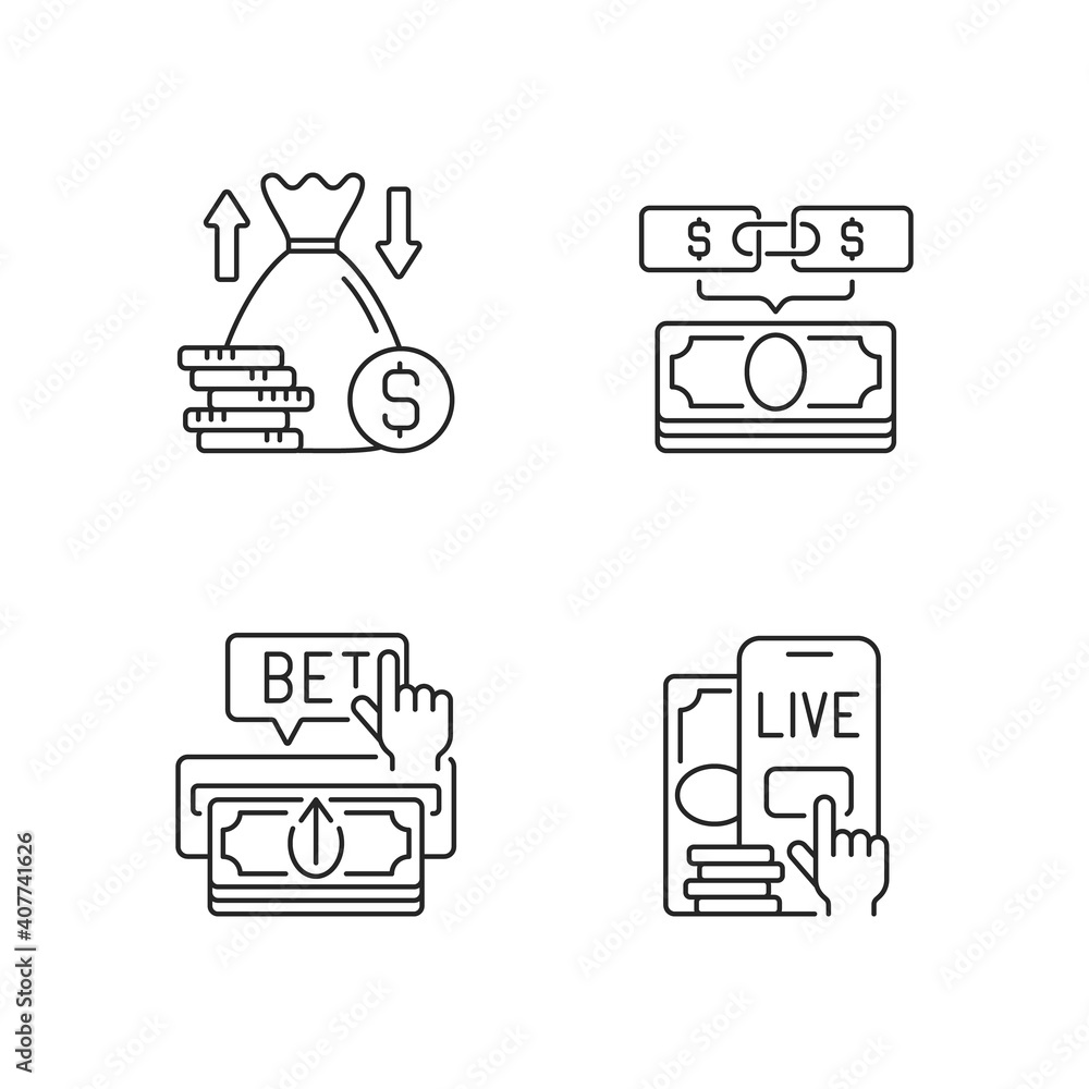 Poster bookmaking linear icons set. over and under bet. parlay. making deposit. live betting. predicting wa