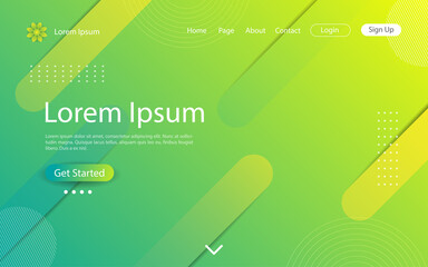 Website landing page design with abstract geometric and dynamic shapes on yellow and green color background. Vector illustration eps10.