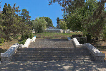 Ramp-stairs in the memorial complex Malakhov Kurgan in the hero city of Sevastopol, Crimea