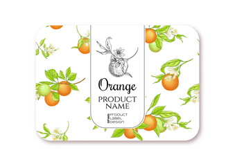 Orange. Ripe citrus. Template for product label, cosmetic packaging. Easy to edit. Graphic drawing, engraving style. Vector illustration.