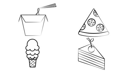 Fast food thin line icons set. Black outline symbol collection junk food and take away. Editable vector stroke